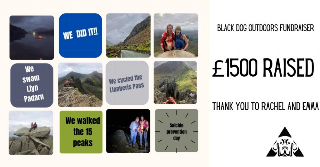 Fundraiser flyer celebrating £1500 raised by Rachel Griffin for Black Dog Outdoors