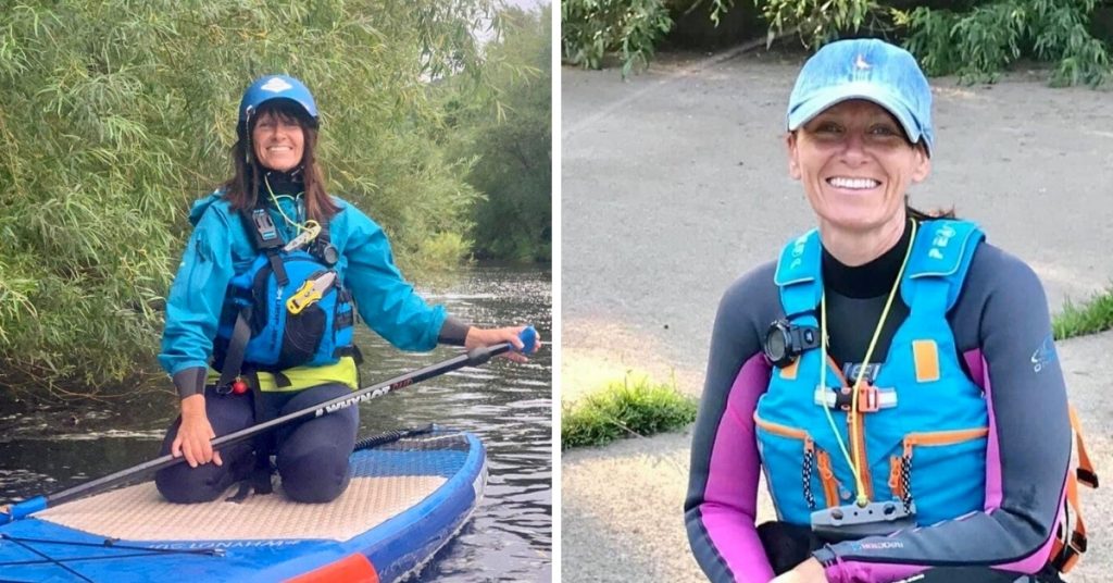 Left image shows Lynne kneeling on her paddleboard, on the water. Right image shows Lynne sat at the waterside, smiling.