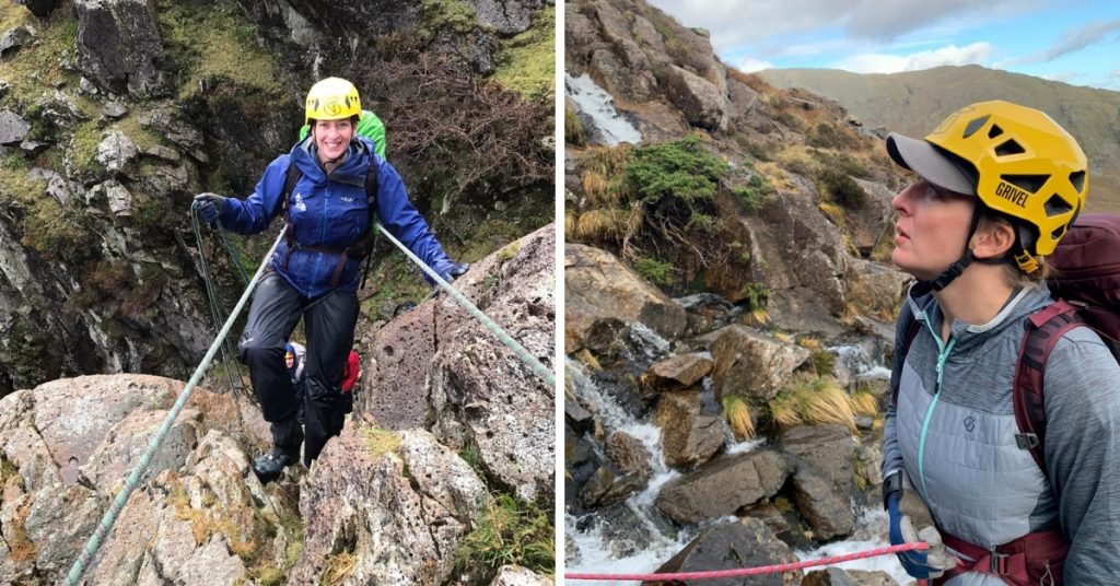 Stacey using various confidence rope techniques to safely navigate steep rocky terrain